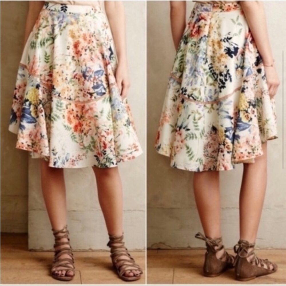 Ranna Gill floral blooms jardin asymmetrical skirt white peach blue green print
